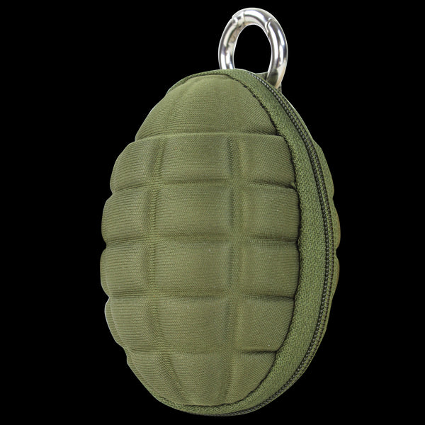The Condor Grenade Key Chain Pouch in Olive Drab features a compression-molded, grenade-shaped design with a zippered closure and metal keyring, combining tactical style and durability. Shown against a plain background.